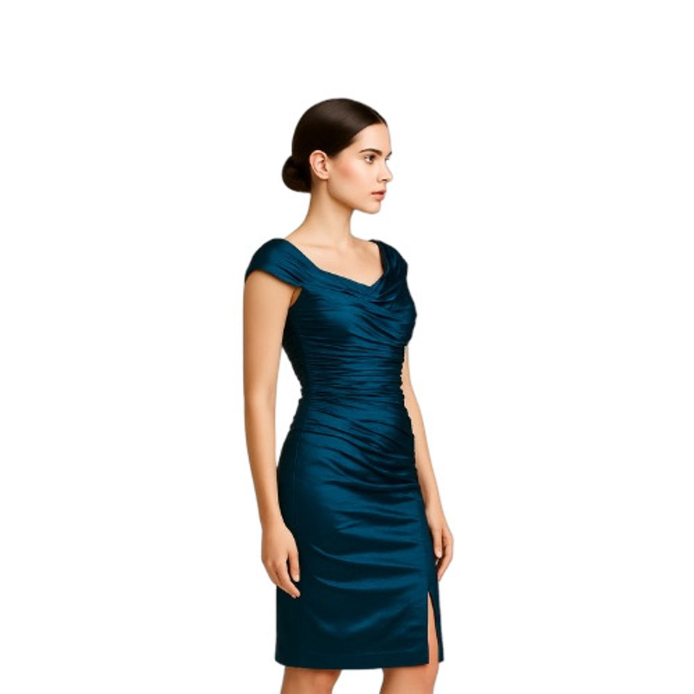 Tadashi Shoji Ruched Sheath Dress Teal Blue Sheen Asymmetrical Cap Sleeve 14 - Picture 3 of 17